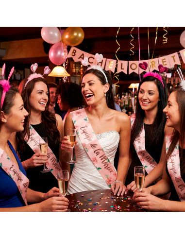 Écharpe EVJF "Équipe de la Mariée" – Accessoire de Fête Rose Poudré & Floral – 100 x 13 cm