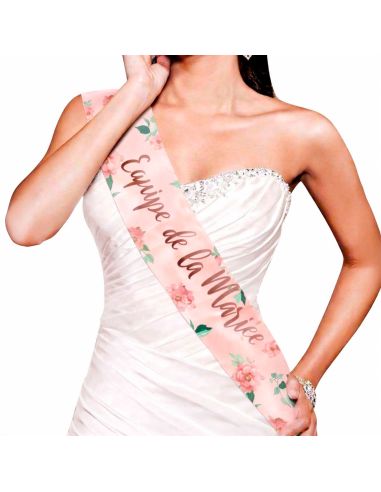Écharpe EVJF "Équipe de la Mariée" – Accessoire de Fête Rose Poudré & Floral – 100 x 13 cm