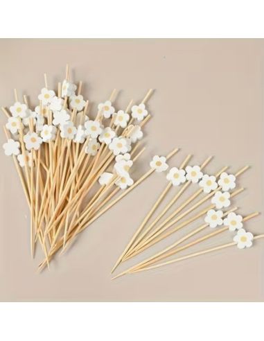 Lot de 20 Pics Apéritif & Toppers Cupcake "Aquerettes" - Bois Pastel 12 cm