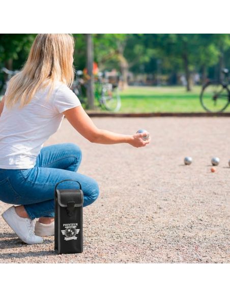 Étui de Pétanque Pointeur Expert – Sacoche 3 Boules en Simili Cuir Noir et Gris Haute Résistance