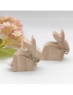 Lot de 4 Figurines Lapins de Pâques en Bois Naturel avec Nœud Jute et Pompon - 5x5 cm