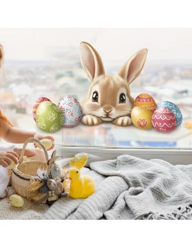 Sticker Lapin de Pâques et Œufs Colorés - Décoration Murale Festive 20 x 11 cm