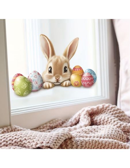 Sticker Lapin de Pâques et Œufs Colorés - Décoration Murale Festive 20 x 11 cm