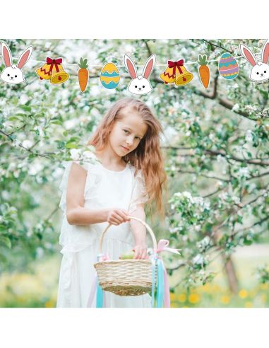 Guirlande de Pâques 3.6m - Décoration Suspendue Lapins, Œufs et Carottes en Carton Rigide