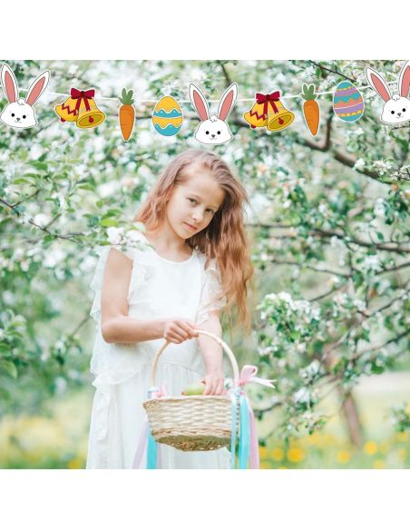 Guirlande de Pâques 3.6m - Décoration Suspendue Lapins, Œufs et Carottes en Carton Rigide