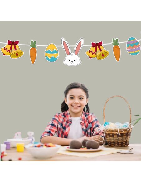 Guirlande de Pâques 3.6m - Décoration Suspendue Lapins, Œufs et Carottes en Carton Rigide