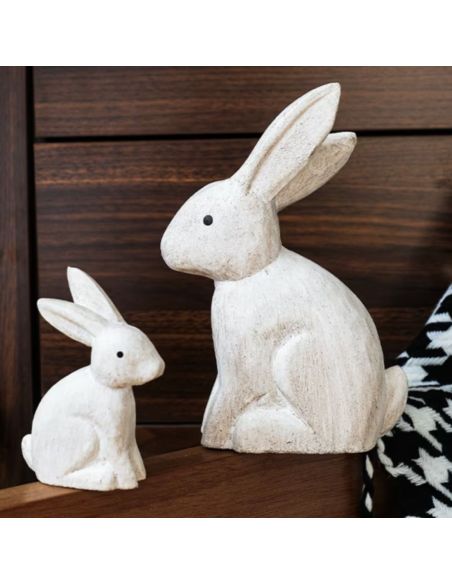 Duo de Figurines Lapins en Résine Aspect Vieilli - Statuettes Décoration Intérieure Campagne Chic