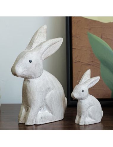 Duo de Figurines Lapins en Résine Aspect Vieilli - Statuettes Décoration Intérieure Campagne Chic