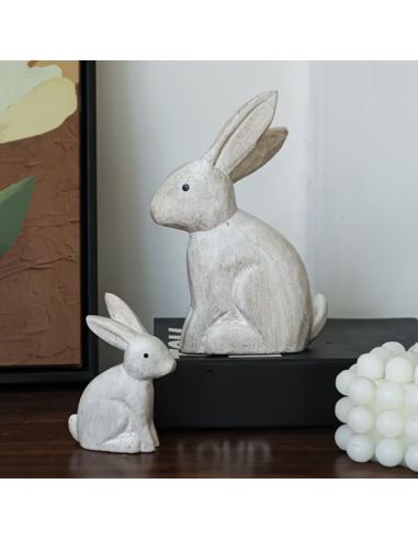 Duo de Figurines Lapins en Résine Aspect Vieilli - Statuettes Décoration Intérieure Campagne Chic