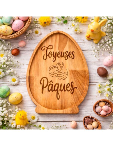 Plateau de Service en Bois Naturel Forme Œuf - Assiette de Présentation Artisanale pour Apéritif et Décoration Pâques