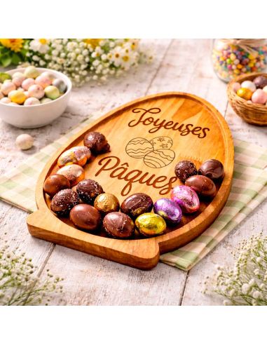 Plateau de Service en Bois Naturel Forme Œuf - Assiette de Présentation Artisanale pour Apéritif et Décoration Pâques