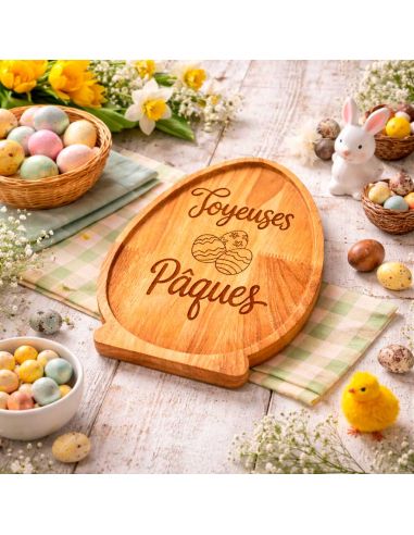 Plateau de Service en Bois Naturel Forme Œuf - Assiette de Présentation Artisanale pour Apéritif et Décoration Pâques