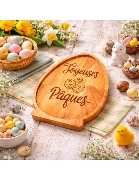 Plateau de Service en Bois Naturel Forme Œuf - Assiette de Présentation Artisanale pour Apéritif et Décoration Pâques