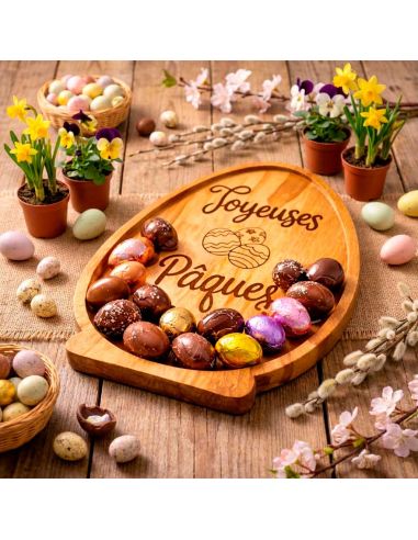Plateau de Service en Bois Naturel Forme Œuf - Assiette de Présentation Artisanale pour Apéritif et Décoration Pâques