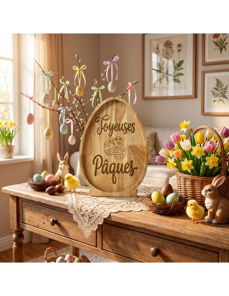 Plateau de Service en Bois Naturel Forme Œuf - Assiette de Présentation Artisanale pour Apéritif et Décoration Pâques