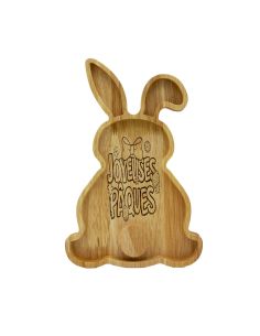 Plateau de Service en Bois Lapin - Gravure "Joyeuses Pâques" - Décoration de Table 28 x 18 cm