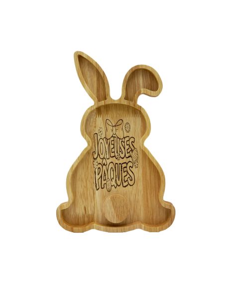 Plateau de Service en Bois Lapin - Gravure "Joyeuses Pâques" - Décoration de Table 28 x 18 cm