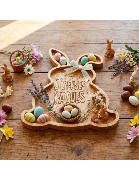 Plateau de Service en Bois Lapin - Gravure "Joyeuses Pâques" - Décoration de Table 28 x 18 cm