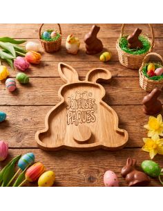 Plateau de Service en Bois Lapin - Gravure "Joyeuses Pâques" - Décoration de Table 28 x 18 cm 2