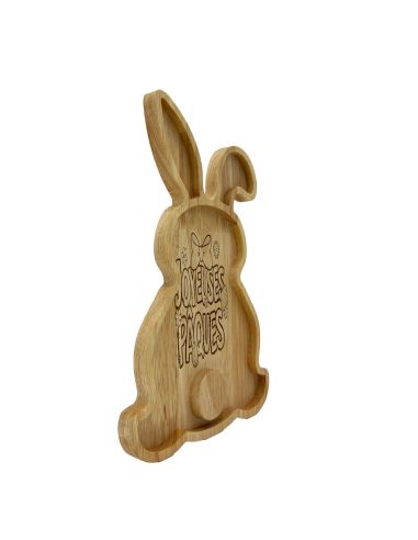 Plateau de Service en Bois Lapin - Gravure "Joyeuses Pâques" - Décoration de Table 28 x 18 cm