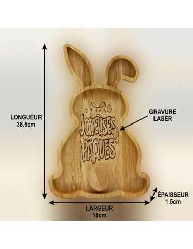Plateau de Service en Bois Lapin - Gravure "Joyeuses Pâques" - Décoration de Table 28 x 18 cm