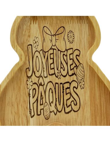 Plateau de Service en Bois Lapin - Gravure "Joyeuses Pâques" - Décoration de Table 28 x 18 cm