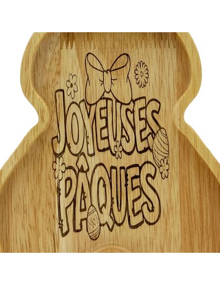 Plateau de Service en Bois Lapin - Gravure "Joyeuses Pâques" - Décoration de Table 28 x 18 cm