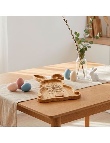 Plateau de Service en Bois Lapin - Gravure "Joyeuses Pâques" - Décoration de Table 28 x 18 cm