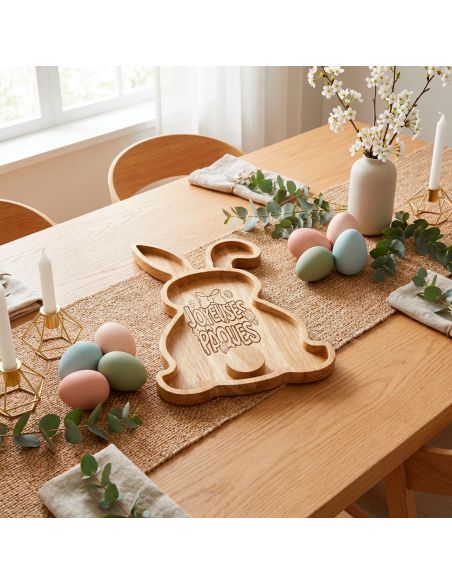 Plateau de Service en Bois Lapin - Gravure "Joyeuses Pâques" - Décoration de Table 28 x 18 cm