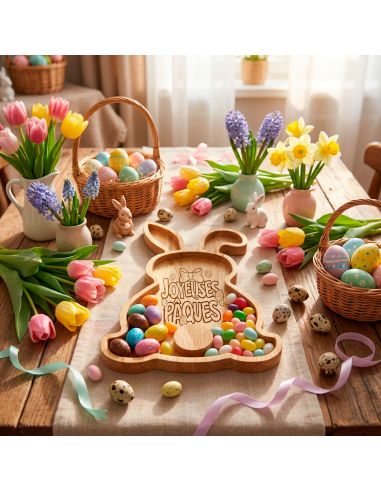 Plateau de Service en Bois Lapin - Gravure "Joyeuses Pâques" - Décoration de Table 28 x 18 cm