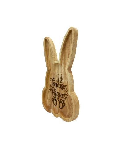 Plateau de Service Tête de Lapin en Bois Naturel - Gravure "Joyeuses Pâques" - 25 x 16 cm