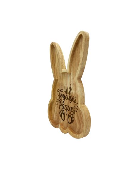 Plateau de Service Tête de Lapin en Bois Naturel - Gravure "Joyeuses Pâques" - 25 x 16 cm
