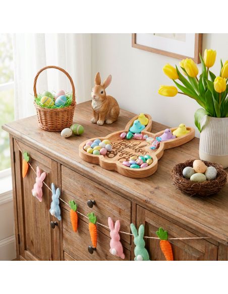 Plateau de Service Tête de Lapin en Bois Naturel - Gravure "Joyeuses Pâques" - 25 x 16 cm