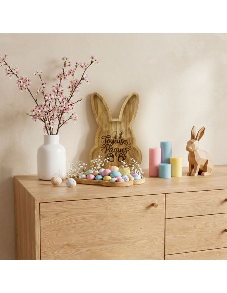Plateau de Service Tête de Lapin en Bois Naturel - Gravure "Joyeuses Pâques" - 25 x 16 cm