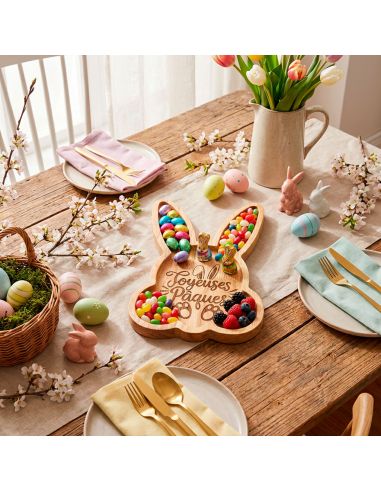 Plateau de Service Tête de Lapin en Bois Naturel - Gravure "Joyeuses Pâques" - 25 x 16 cm