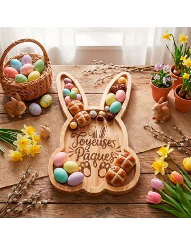 Plateau de Service Tête de Lapin en Bois Naturel - Gravure "Joyeuses Pâques" - 25 x 16 cm