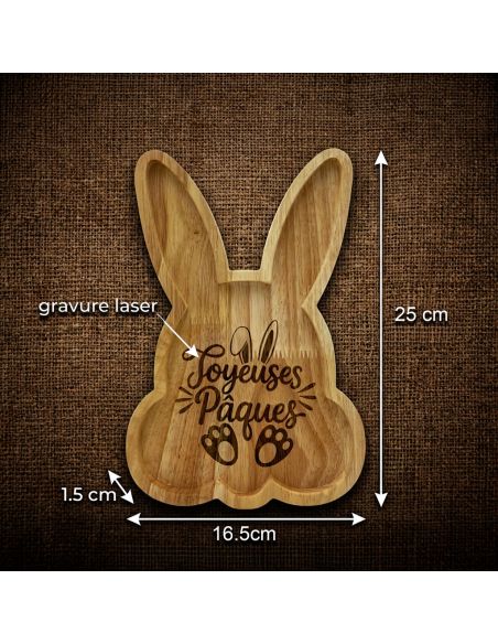 Plateau de Service Tête de Lapin en Bois Naturel - Gravure "Joyeuses Pâques" - 25 x 16 cm