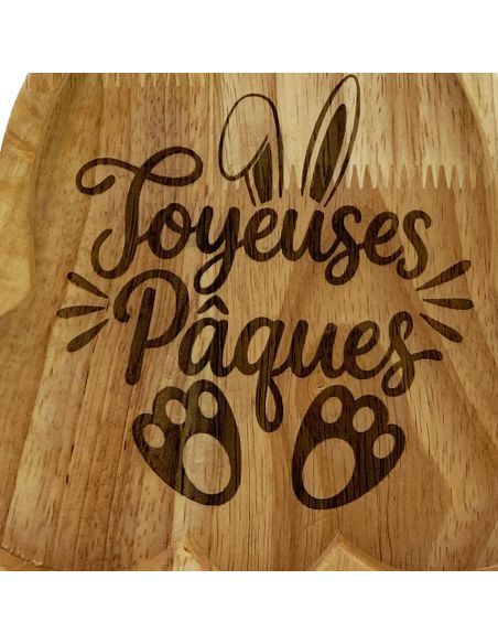 Plateau de Service Tête de Lapin en Bois Naturel - Gravure "Joyeuses Pâques" - 25 x 16 cm