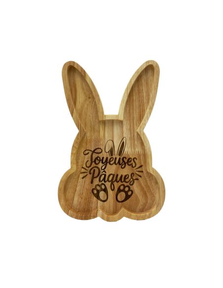 Plateau de Service Tête de Lapin en Bois Naturel - Gravure "Joyeuses Pâques" - 25 x 16 cm