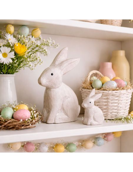 Duo de Figurines Lapins en Résine Aspect Vieilli - Statuettes Décoration Intérieure Campagne Chic
