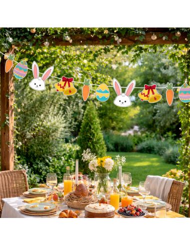 Guirlande de Pâques 3.6m - Décoration Suspendue Lapins, Œufs et Carottes en Carton Rigide