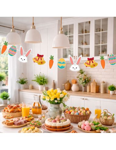 Guirlande de Pâques 3.6m - Décoration Suspendue Lapins, Œufs et Carottes en Carton Rigide
