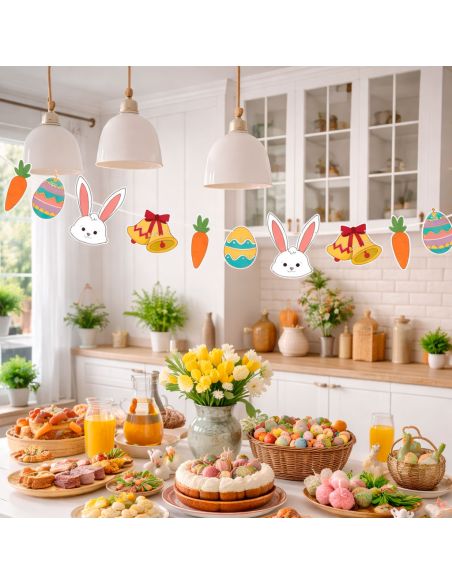 Guirlande de Pâques 3.6m - Décoration Suspendue Lapins, Œufs et Carottes en Carton Rigide