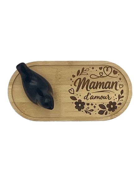 Plateau Vide-Poche en Bambou Gravé "Maman d'Amour" avec Figurine Oiseau Design