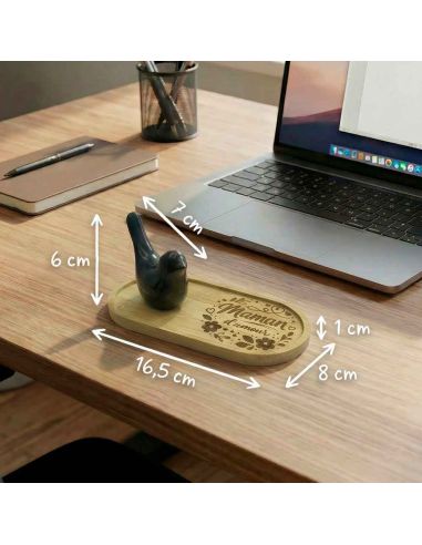 Plateau Vide-Poche en Bambou Gravé "Maman d'Amour" avec Figurine Oiseau Design