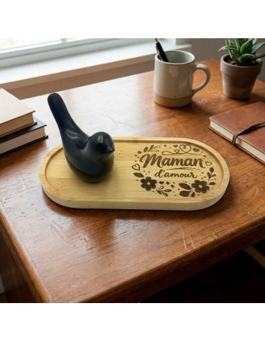Plateau Vide-Poche en Bambou Gravé "Maman d'Amour" avec Figurine Oiseau Design