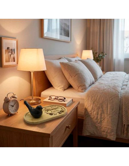 Plateau Vide-Poche en Bambou Gravé "Maman d'Amour" avec Figurine Oiseau Design