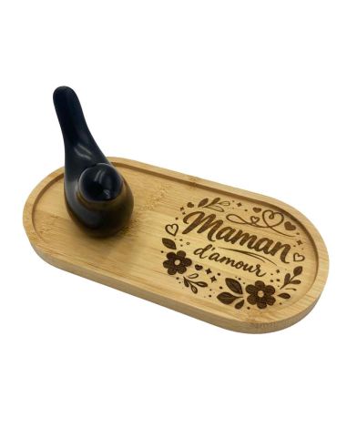Plateau Vide-Poche en Bambou Gravé "Maman d'Amour" avec Figurine Oiseau Design