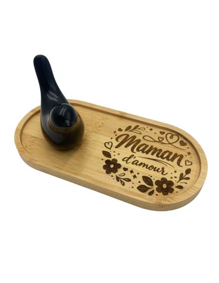 Plateau Vide-Poche en Bambou Gravé "Maman d'Amour" avec Figurine Oiseau Design