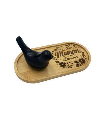 Plateau Vide-Poche en Bambou Gravé "Maman d'Amour" avec Figurine Oiseau Design